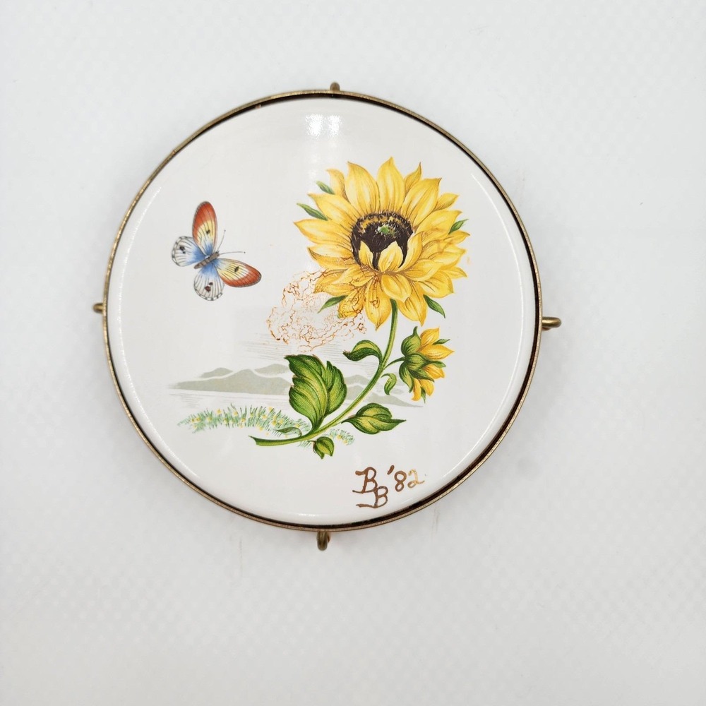 Vintage Hand Painted Sunflower Ceramic Trivet Brass Stand Signed BB '82